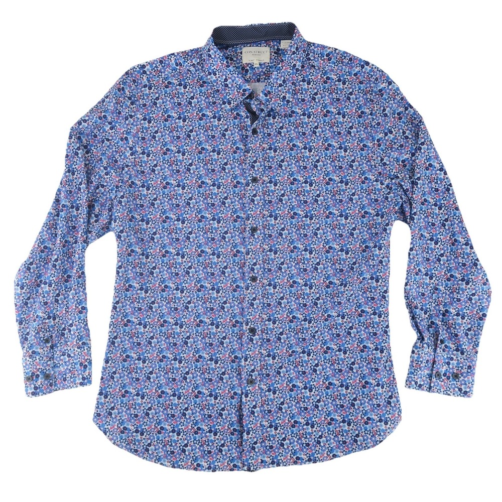 CON.STRUCT Floral Print 4 Way‎ Stretch Button Up Shirt Mens XL Slim